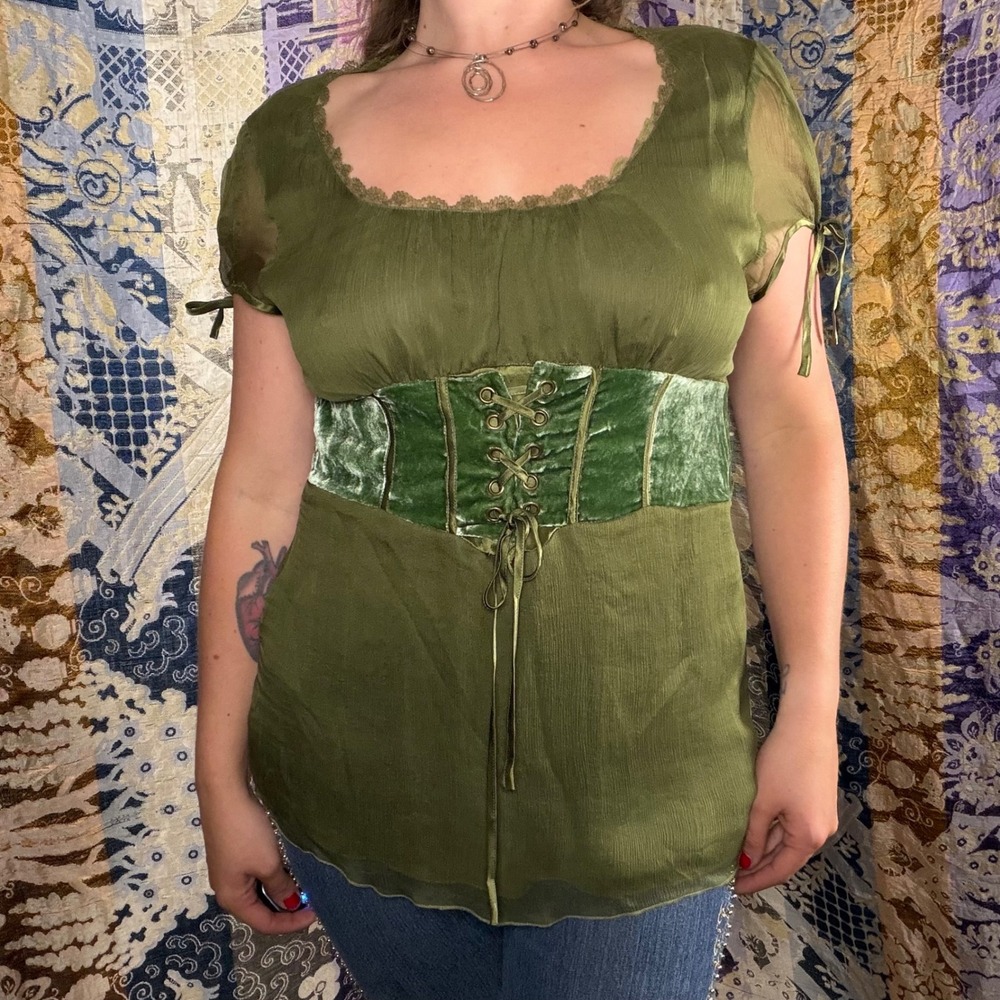 Silk Green Velvet Lace Up Corset Renfair Goth Fairy Babydoll Blouse Size XL - Picture 12 of 14